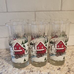 Vintage Libbey Horse And Sleigh Winter Village Drinking Glasses Set Of 6